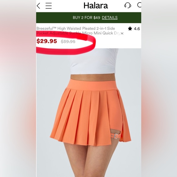 Halara Orange High Waisted Pleated Side Pocket Adjustable Buckle Mini Skirt |NEW - Picture 6 of 10